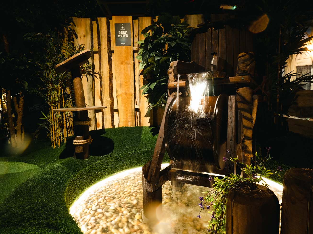 A wooden waterfall, a section of Hackers indoor crazy golf course in Essex